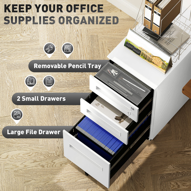 White Metal 3 Drawer Lockable Mobile File Cabinet for A4 and Legal Files by Vinsetto