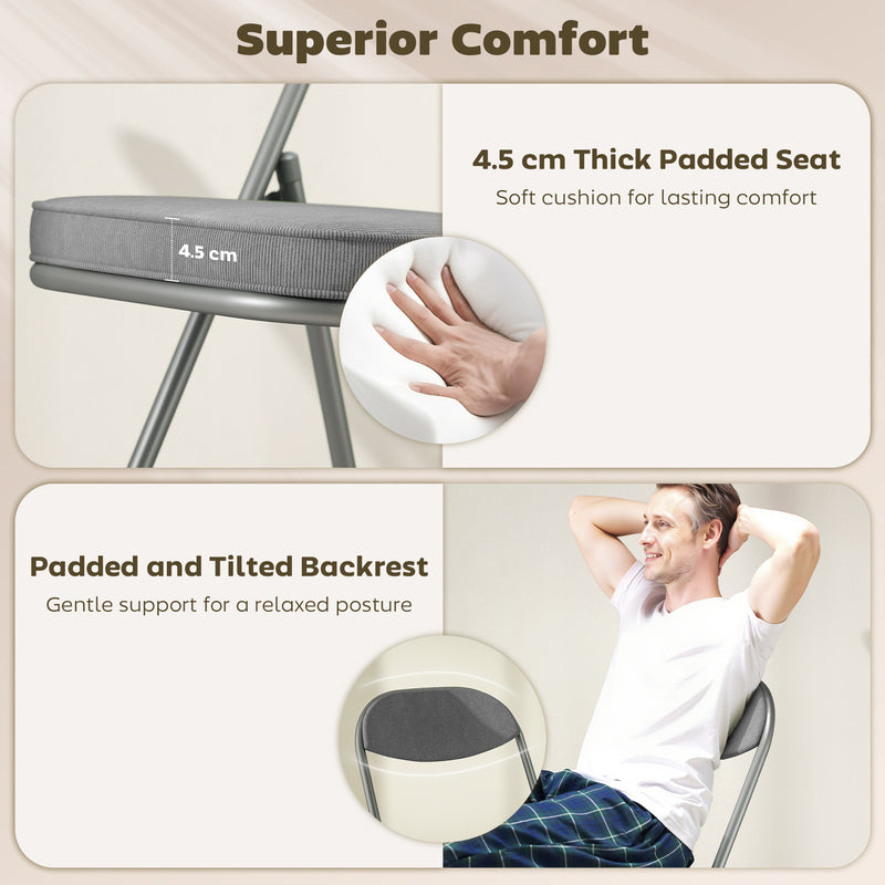 Folding Chairs Set of 4 for Extra Comfortable Guest Seating with Padded Corduroy Grey Homcom