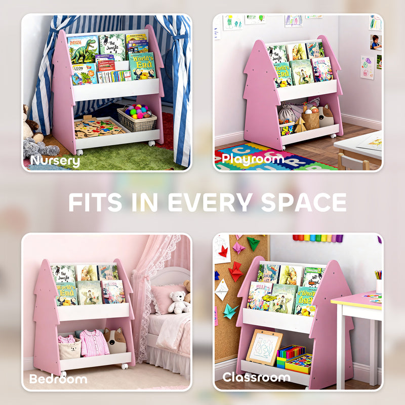 3 Tier Kids Bookshelf With Toy Storage And Wheels For Bedroom Or Playroom Pink AOSOM