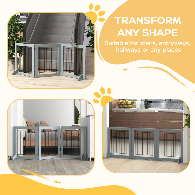 Grey Foldable Pet Gate with Three Panels and Two Support Feet by PawHut