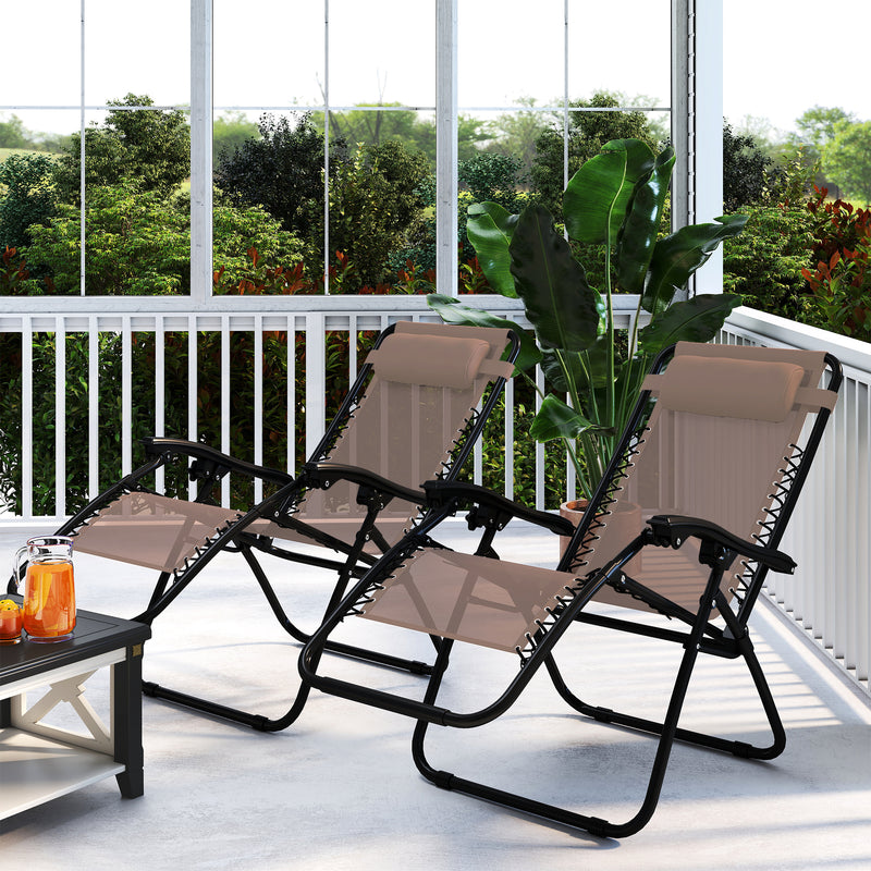 Set of 2 Zero Gravity Reclining Garden Chairs with Head Pillow for Outdoor Relaxing, Beige