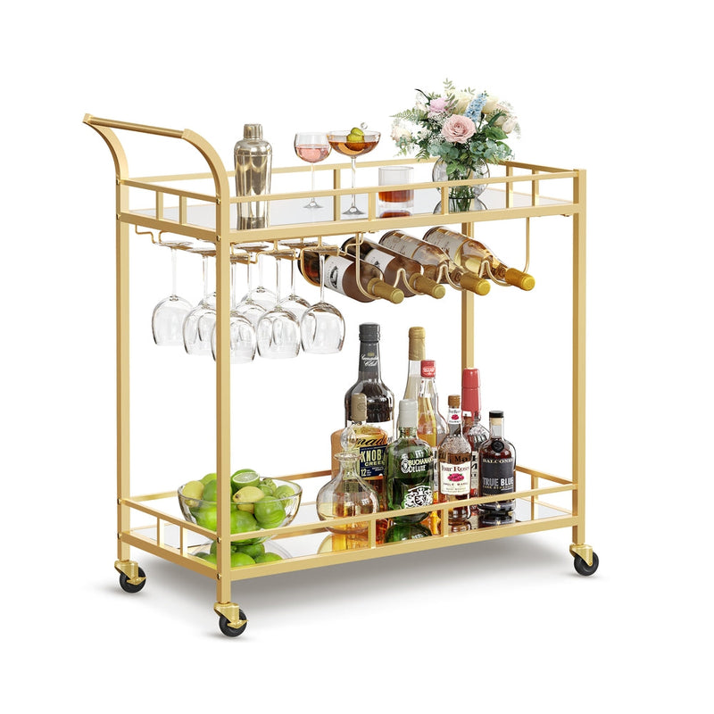 VASAGLE gold bar cart with mirrored shelves, front view
