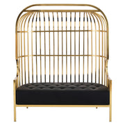 Gold metal dome cage 2 seater sofa with black faux leather upholstery, studio shot