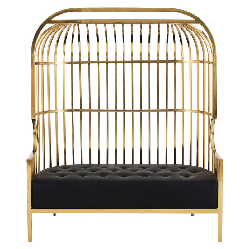 Gold metal dome cage 2 seater sofa with black faux leather upholstery, studio shot