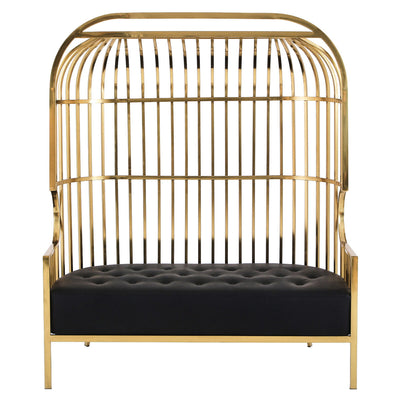 Gold metal dome cage 2 seater sofa with black faux leather upholstery, studio shot