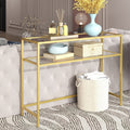 Gold glass console table with tempered glass shelves by Vasagle, front view