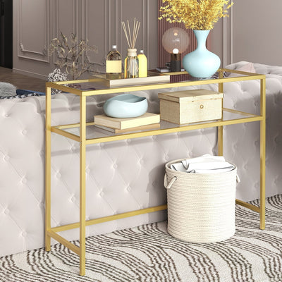 Gold glass console table with tempered glass shelves by Vasagle, front view