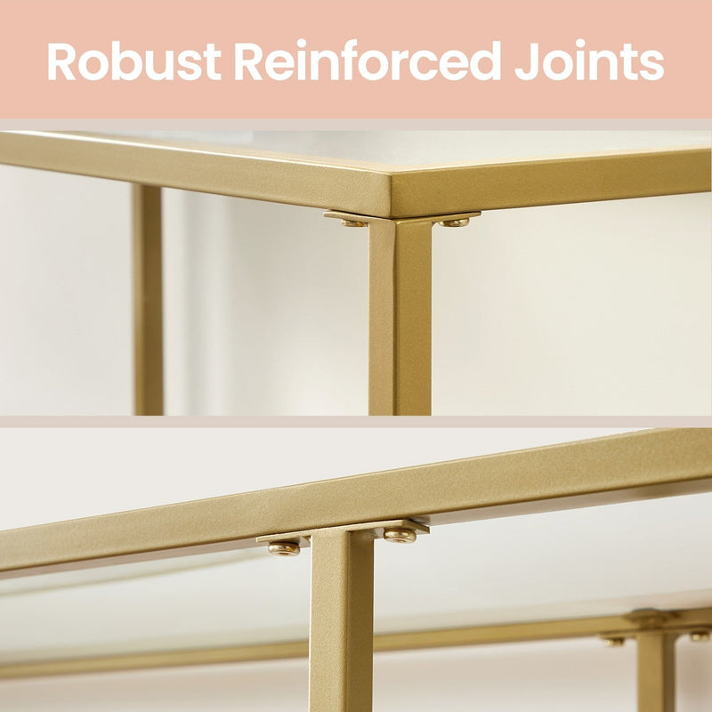 Close-up of the reinforced steel joint on the gold glass console table