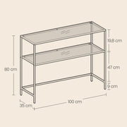 Angled view of the gold glass console table with tempered glass shelves