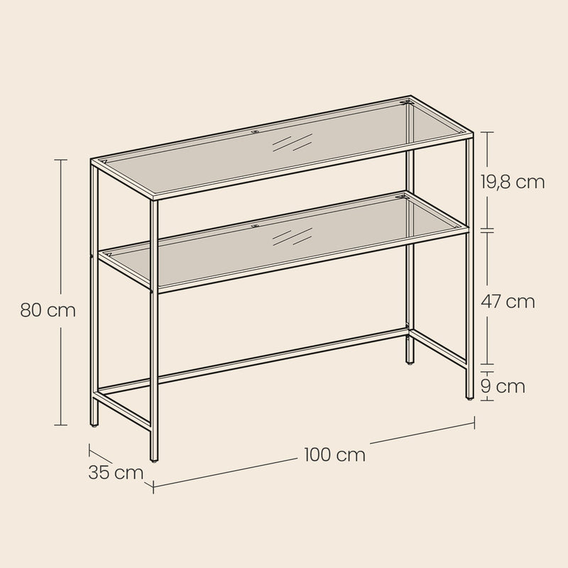 Angled view of the gold glass console table with tempered glass shelves