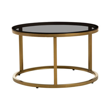 Gold and glass round nesting coffee tables studio shot, angled view