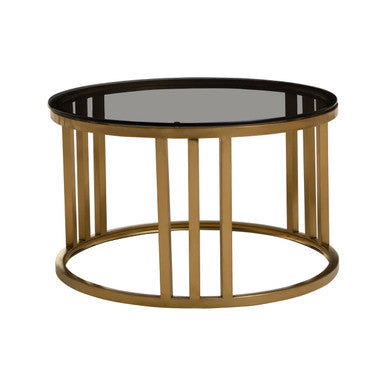 Gold round nesting coffee tables, set of 2, studio side angle