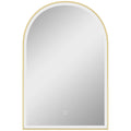 Arched LED bathroom mirror with a gold tone frame on a white background