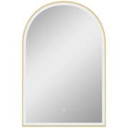 Arched LED bathroom mirror with a gold tone frame on a white background