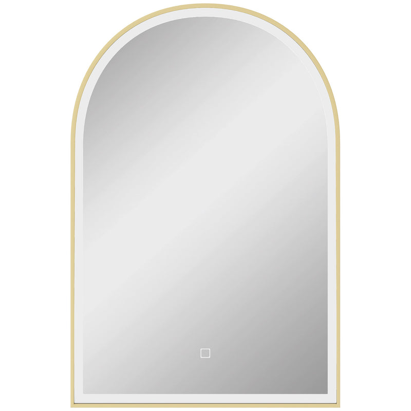 Arched LED bathroom mirror with a gold tone frame on a white background