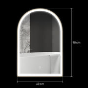 Dimensions diagram of the arched mirror showing 90 cm height and 60 cm width