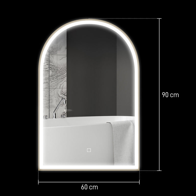 Dimensions diagram of the arched mirror showing 90 cm height and 60 cm width