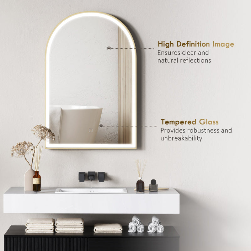 Mirror above a white vanity shelf with labels for high definition image and tempered glass