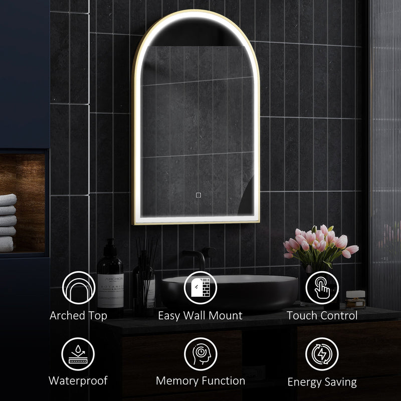 Arched mirror on a dark tiled wall with icons for arched top, easy wall mount, touch control, waterproof, memory and energy saving