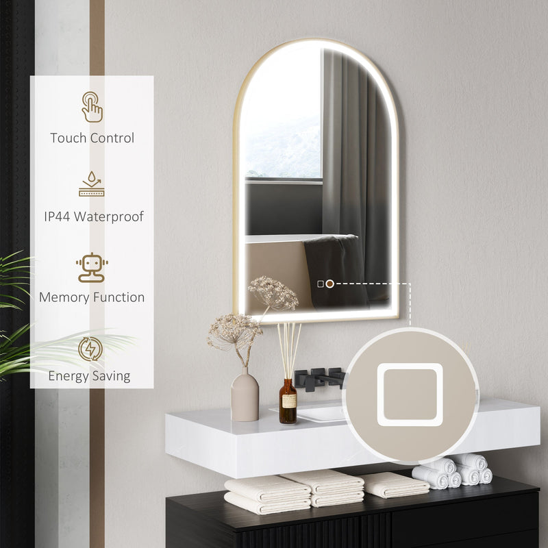 Mirror with a close-up of the touch control and icons for IP44, memory function and energy saving