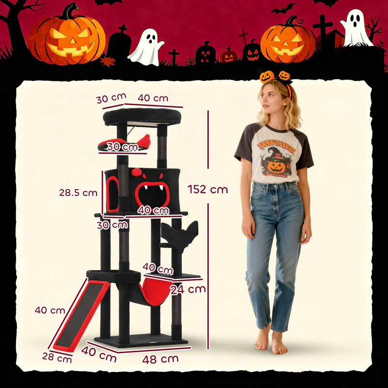 Dimension diagram of the Gothic cat tree showing 152 cm height, 48 cm width and 40 cm depth