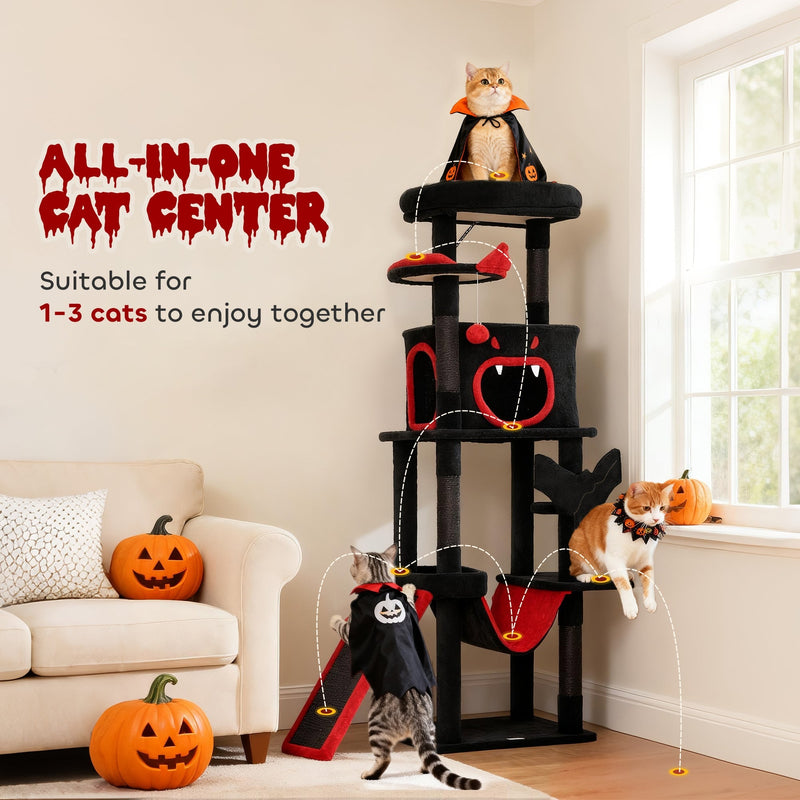 Three cats in costumes playing and resting across the multi-level Gothic cat tree