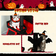 Feature callouts showing the coffin-shaped bed and decorative bat accent with a cat wearing a witch hat