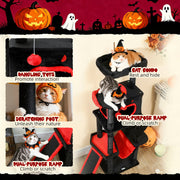 Feature callouts showing the dangling toy, scratching post, dual-purpose ramp and cat condo