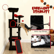 Feature callouts showing the anti-tip wall strap and widened base for stability, with a cat leaping past