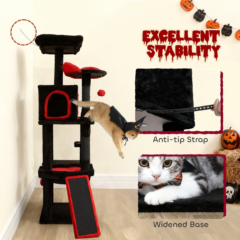 Feature callouts showing the anti-tip wall strap and widened base for stability, with a cat leaping past