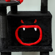 Close-up of the black cat house panel with a red monster face design