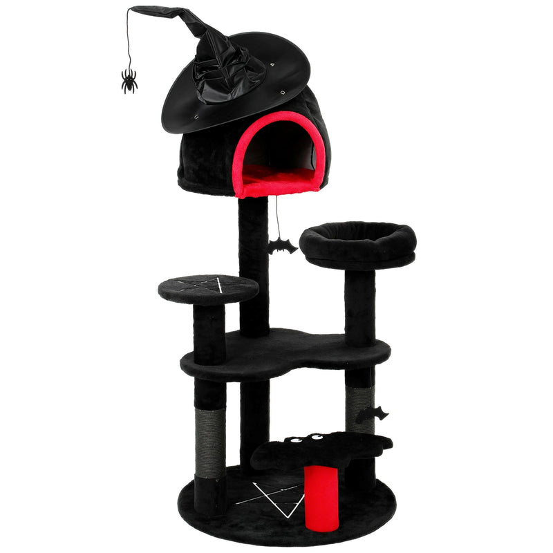 Black 155 cm Gothic cat tree with a witch hat den on top and a hanging spider toy, studio shot