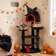 Two cats in Halloween costumes on the Gothic cat tree beside a Spooky Season sign