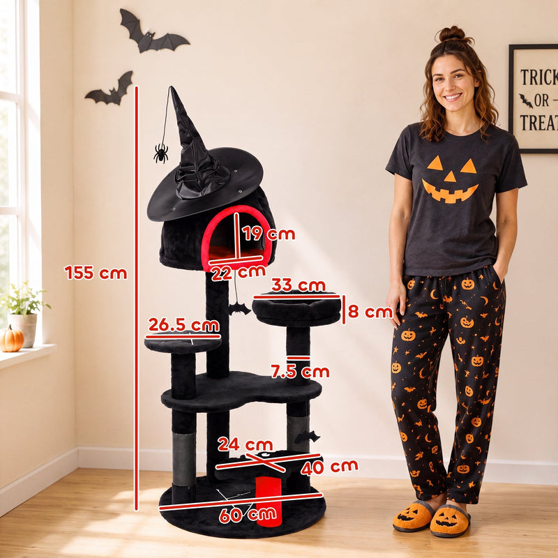Dimension diagram of the Gothic cat tree showing 155 cm height and a 60 cm wide base