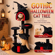 Gothic Halloween cat tree banner with a cat resting in the witch hat den and another cat wearing bat wings