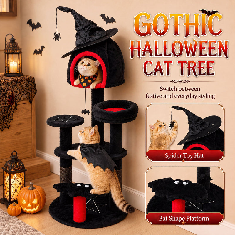 Gothic Halloween cat tree banner with a cat resting in the witch hat den and another cat wearing bat wings