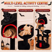 Feature callouts showing the private cat condo, comfortable cat bed and two jump platforms