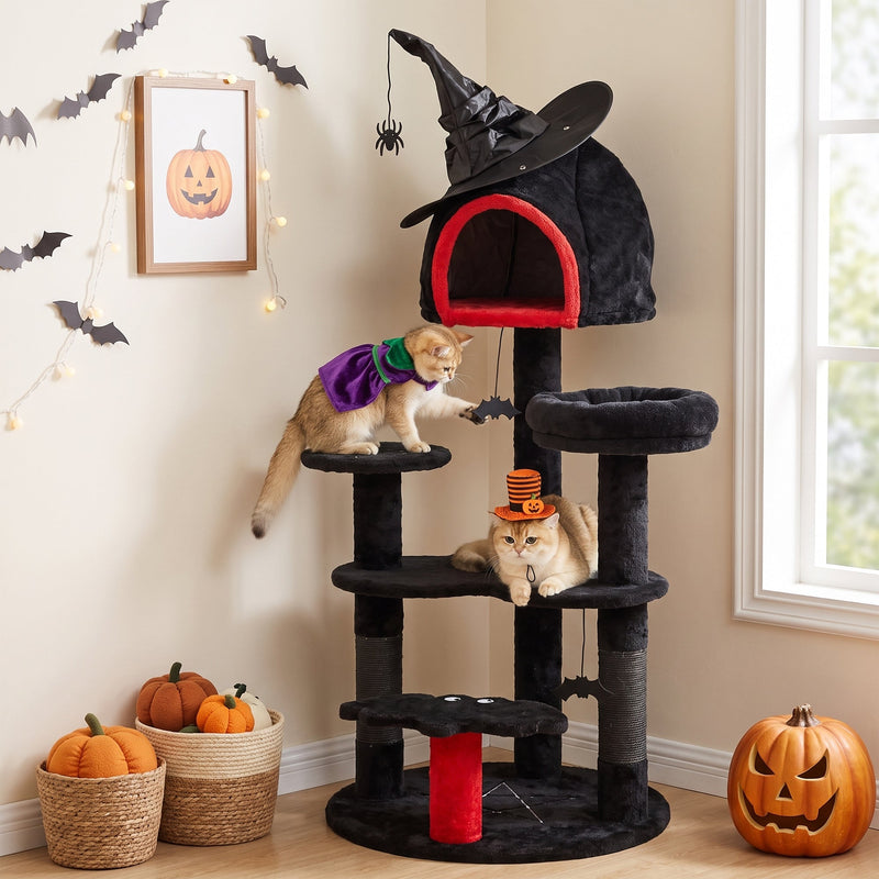 Two cats in Halloween costumes playing on the Gothic cat tree beside a window