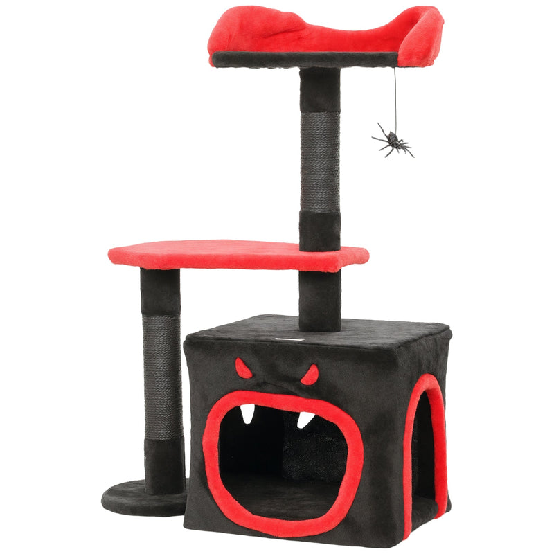 Black and red Gothic cat tree with coffin-style cat house, top perch and hanging spider toy, studio shot