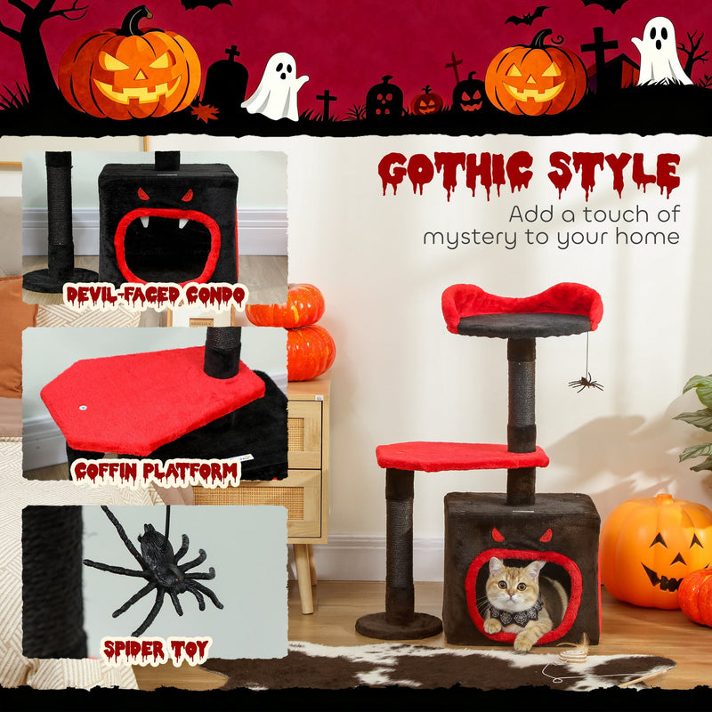 Feature callouts showing the devil-faced condo, coffin platform and spider toy