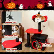Feature callouts showing the dangling toy, scratching post, plush perches and cat condo