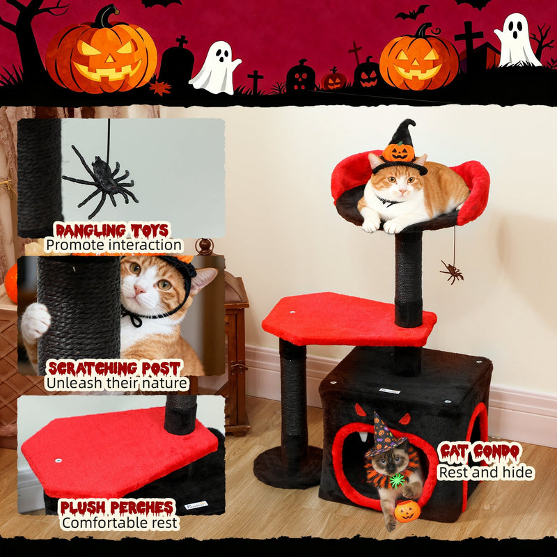 Feature callouts showing the dangling toy, scratching post, plush perches and cat condo