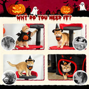 Grid of cats in Halloween costumes sitting and resting on the cat tree's platforms