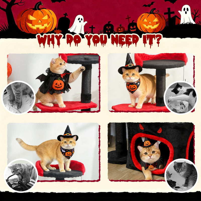 Grid of cats in Halloween costumes sitting and resting on the cat tree's platforms