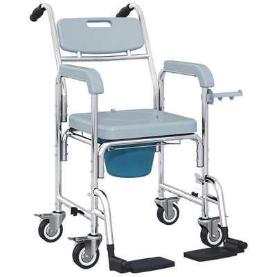 Shower Commode Chair with Lockable Wheels and Arms for Elderly or Disabled Use Grey AOSOM
