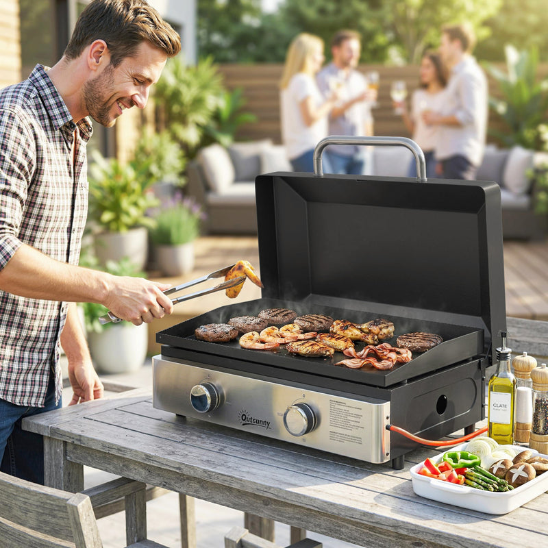 Tabletop Gas BBQ with 2 Burners and Large Griddle for Easy Outdoor Cooking Black Outsunny