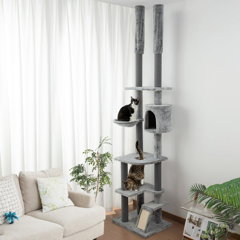 Floor to Ceiling Cat Tree with Ramp Scratching Posts and House for Large Cats 225-255cm by PawHut