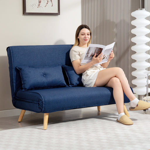 Two Seater Linen Look Sofa Bed Converts to Guest Sleeper for Small Spaces Dark Blue