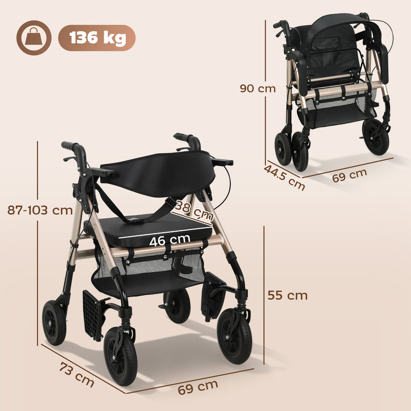 4 Wheel Rollator Walker with Seat and Storage for Elderly or Disabled Support Black AOSOM