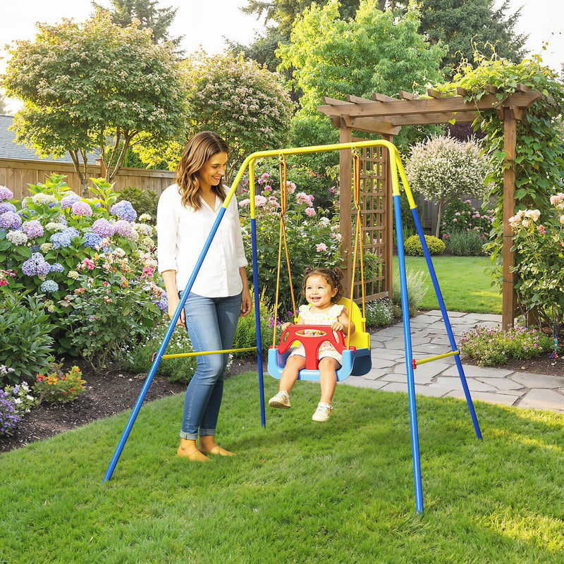 Kids Adjustable Swing Set for Indoor and Garden Play with Foldable Frame Blue Yellow